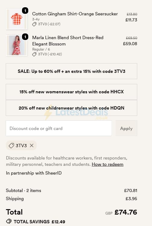 Screenshot of the BODEN discount code working