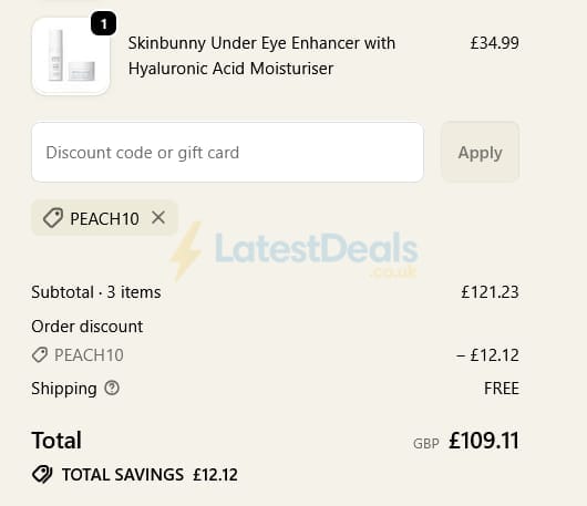 Screenshot of the Skinbunny discount code working