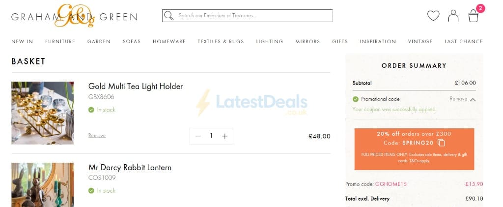 Screenshot of the Graham and Green discount code working