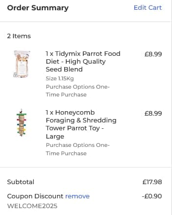 Screenshot of the Parrot Essentials discount code working