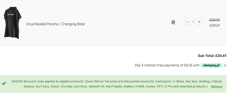 Screenshot of the Wetsuit Outlet discount code working