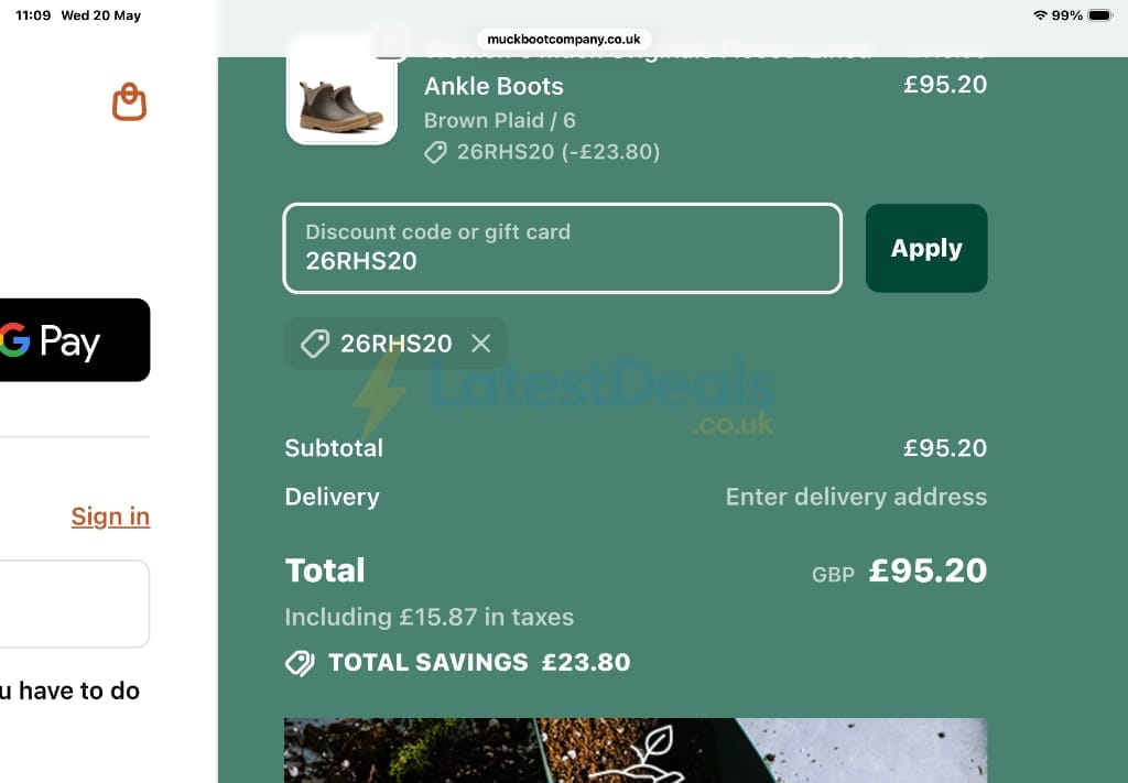 Screenshot of the Muck Boot discount code working