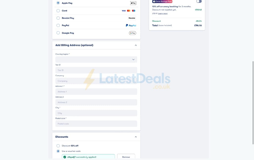 Screenshot of the Omio discount code working