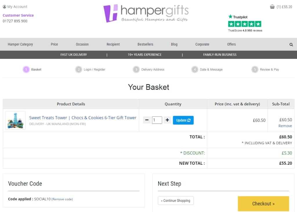 Screenshot of the Hampergifts discount code working
