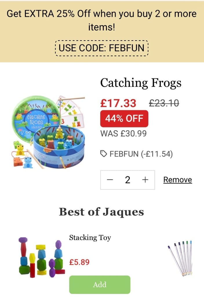 Screenshot of the Jaques London discount code working