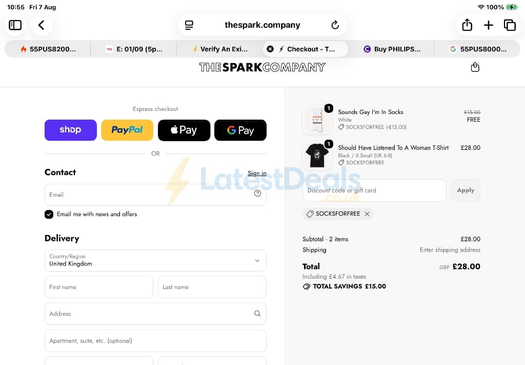 Screenshot of the The Spark Company discount code working