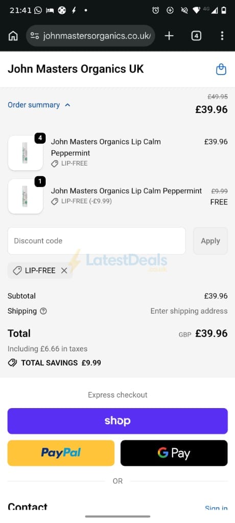 Screenshot of the John Masters Organics discount code working