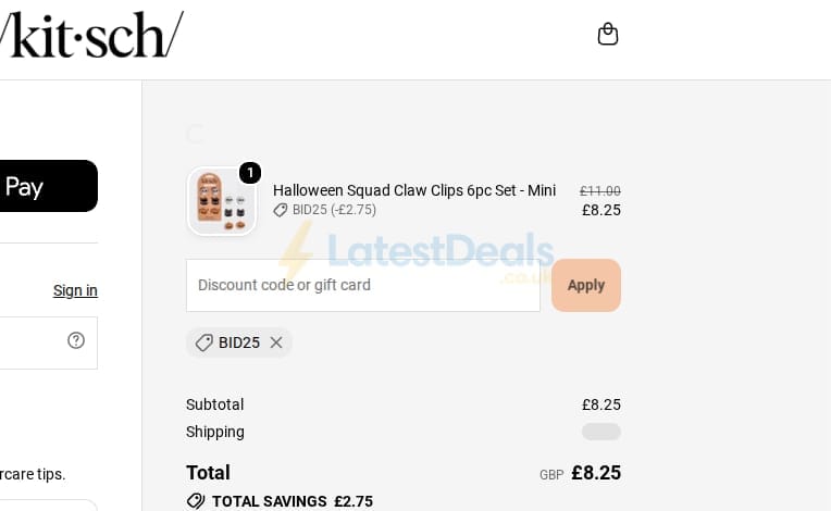 Screenshot of the KITSCH discount code working