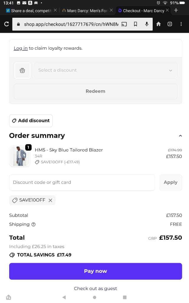 Screenshot of the Marc Darcy discount code working
