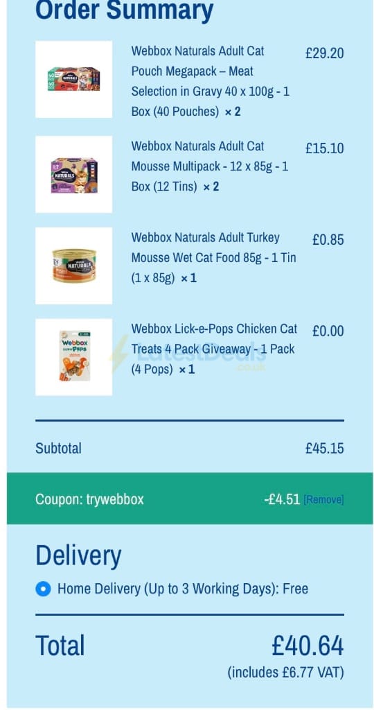 Screenshot of the Webbox discount code working
