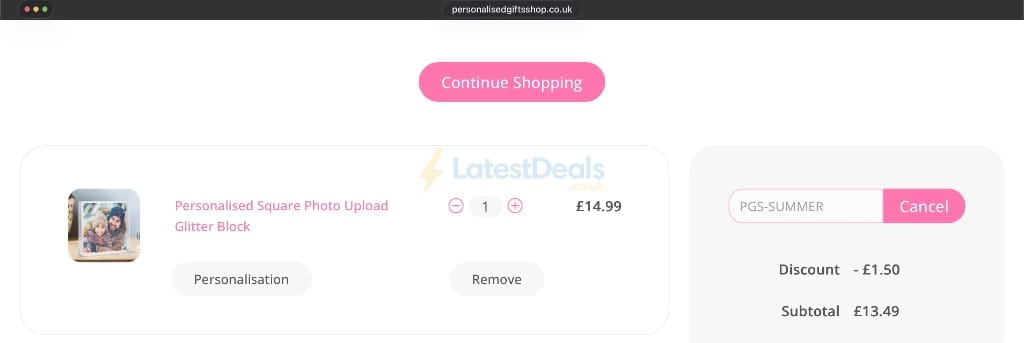 Screenshot of the Personalised Gifts Shop discount code working