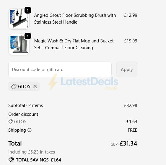 Screenshot of the The Dustpan and Brush Store discount code working