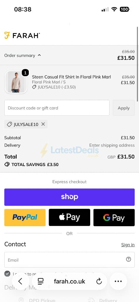 Screenshot of the Farah discount code working