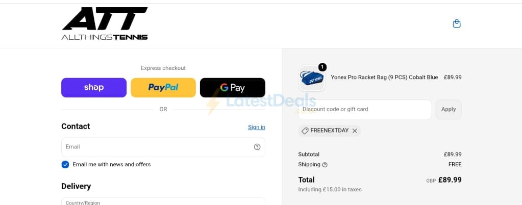 Screenshot of the All Things Tennis discount code working