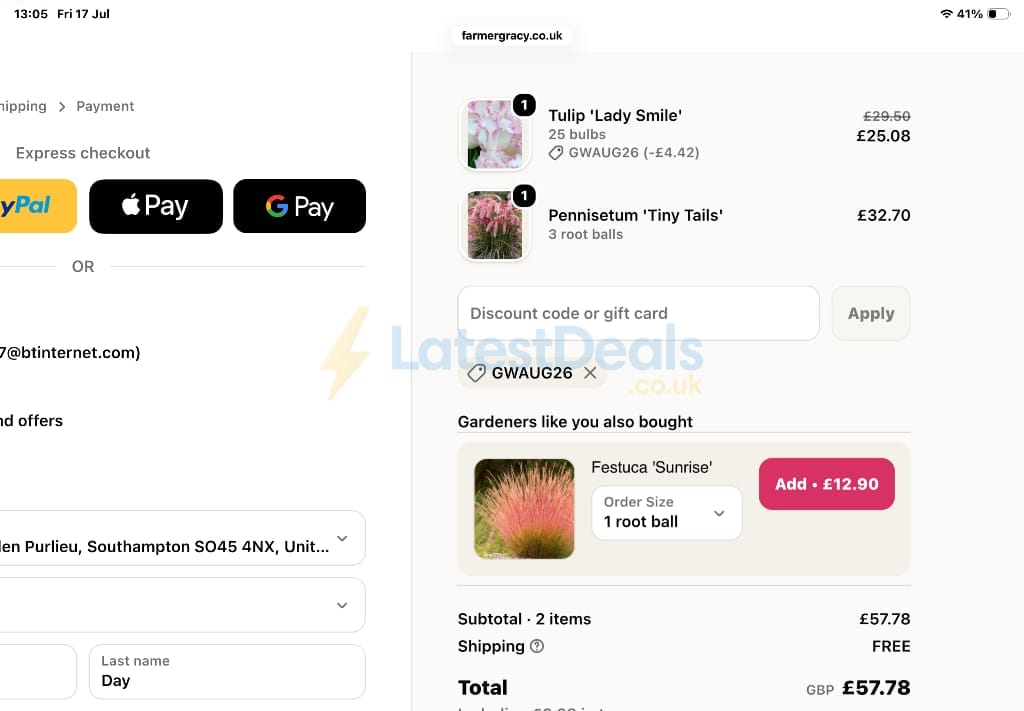 Screenshot of the Farmer Gracy discount code working