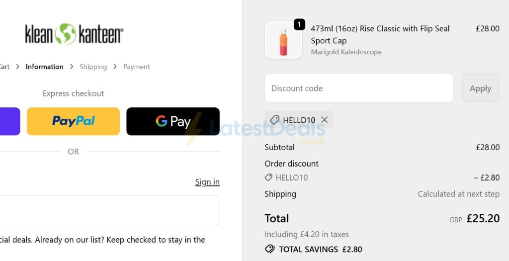 Screenshot of the Klean Kanteen discount code working