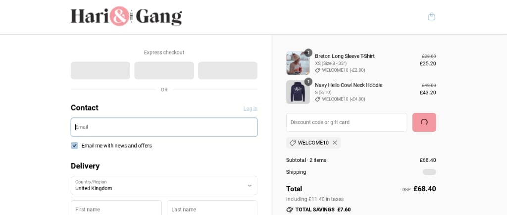 Screenshot of the Hari And The Gang discount code working