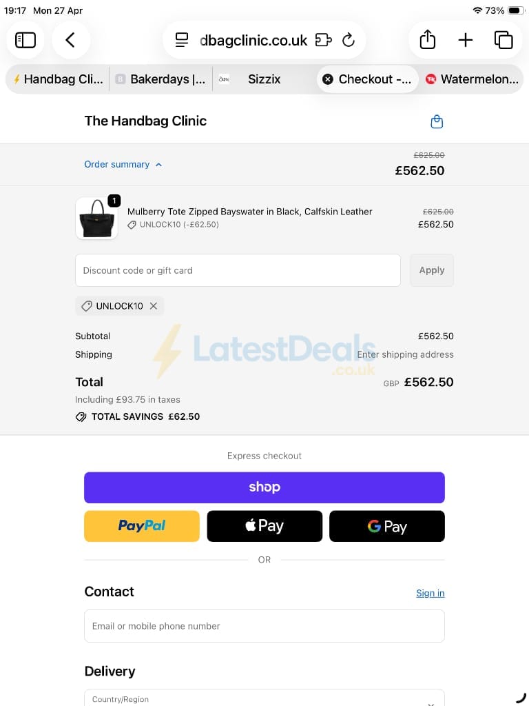 Screenshot of the Handbag Clinic discount code working