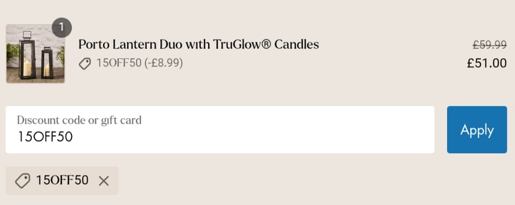 Screenshot of the Lights4fun discount code working