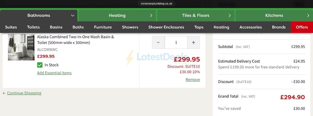 Screenshot of the Victorian Plumbing discount code working