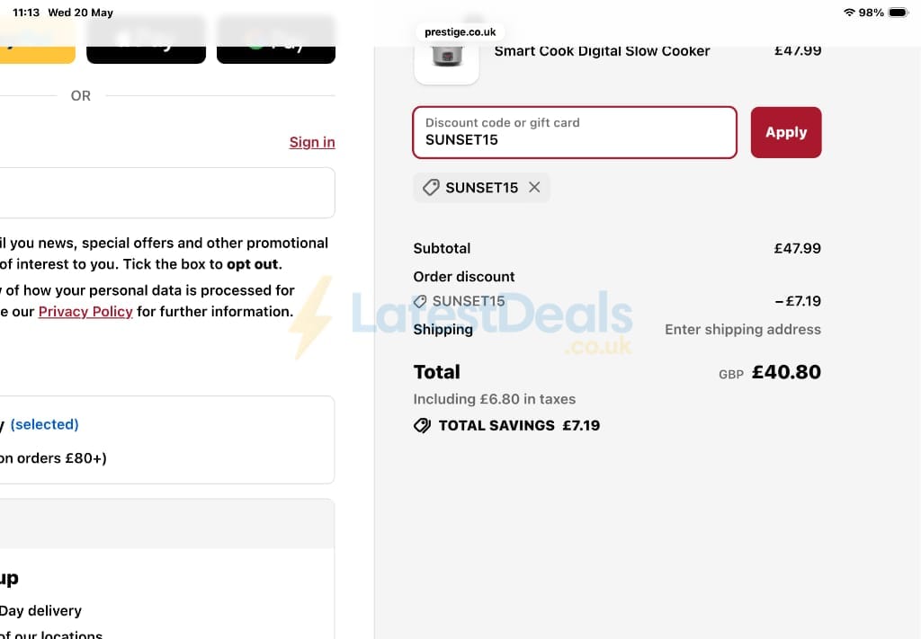 Screenshot of the Prestige discount code working