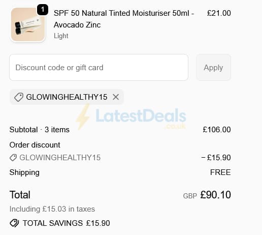 Screenshot of the Live in the Light discount code working