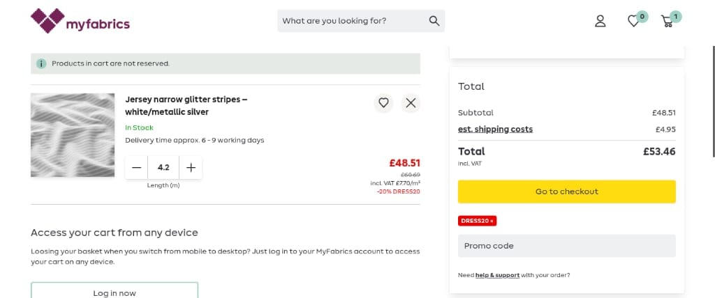 Screenshot of the My Fabrics discount code working
