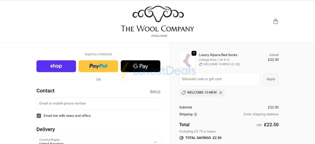 Screenshot of the The Wool Company discount code working