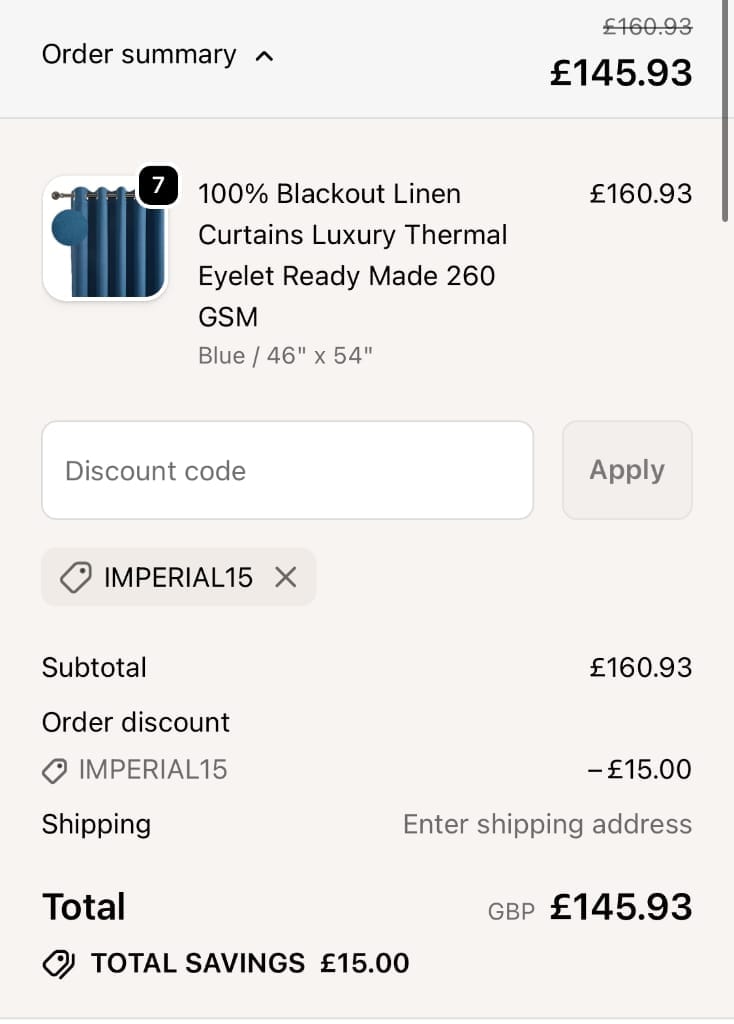 Screenshot of the Imperial Rooms discount code working