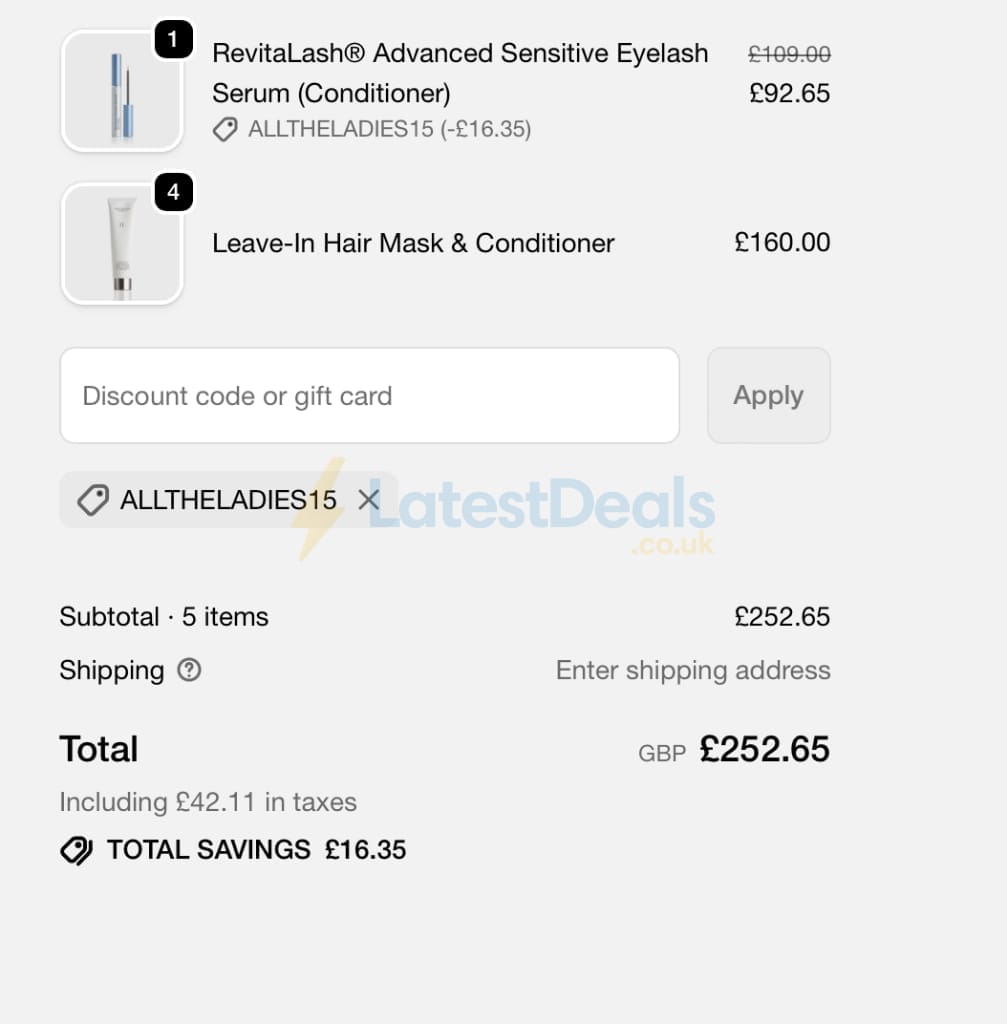 Screenshot of the RevitaLash discount code working