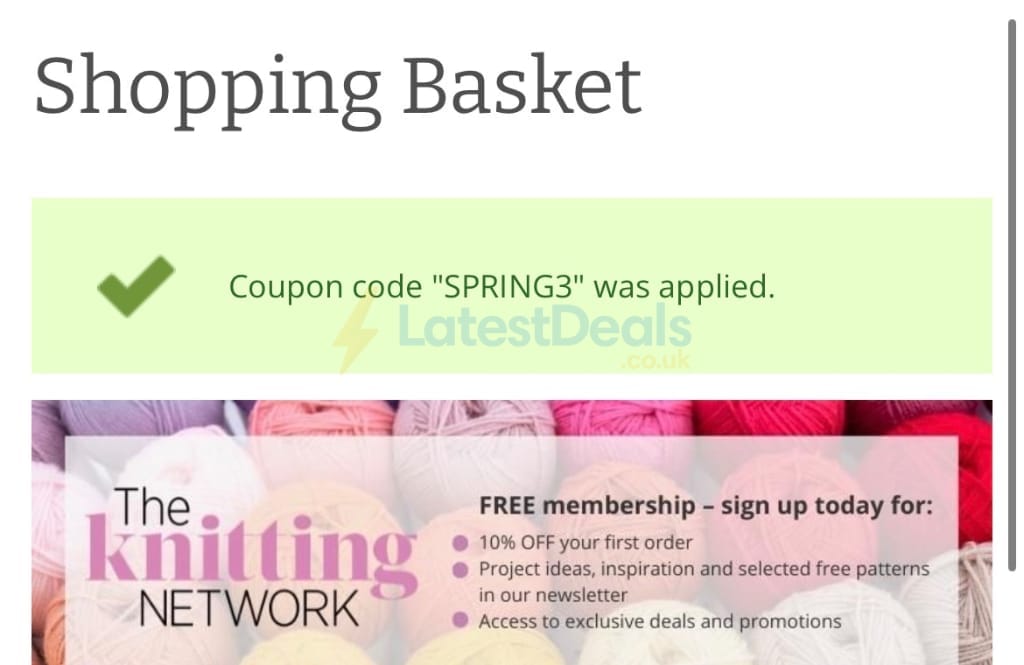 Screenshot of the The Knitting Network discount code working