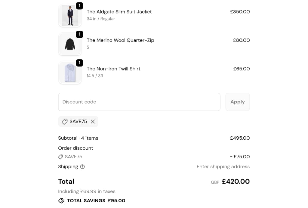 Screenshot of the TM Lewin discount code working