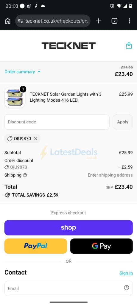 Screenshot of the Tecknet discount code working
