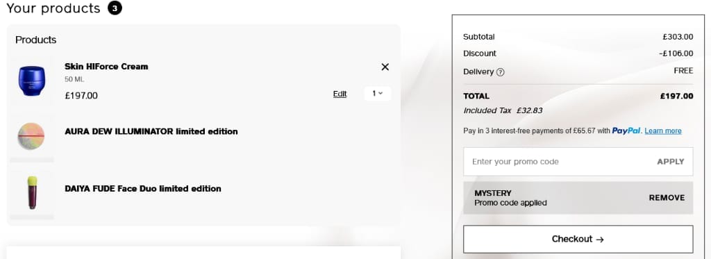 Screenshot of the Shiseido discount code working