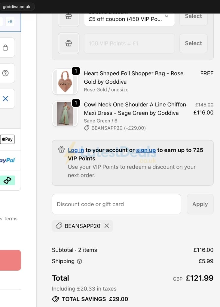 Screenshot of the Goddiva discount code working