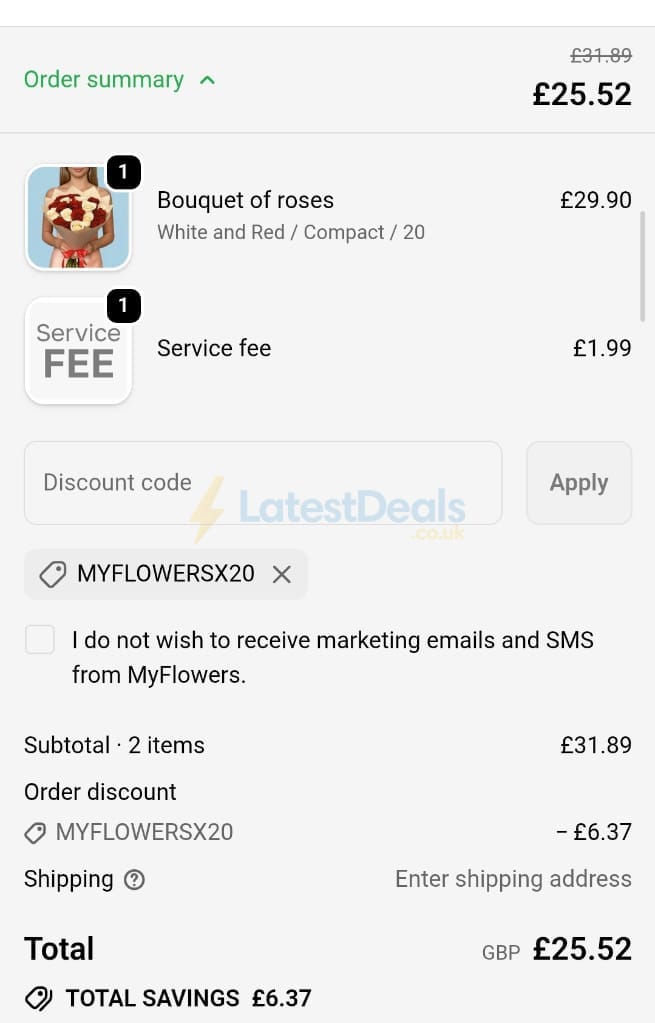 Screenshot of the MyFlowers discount code working