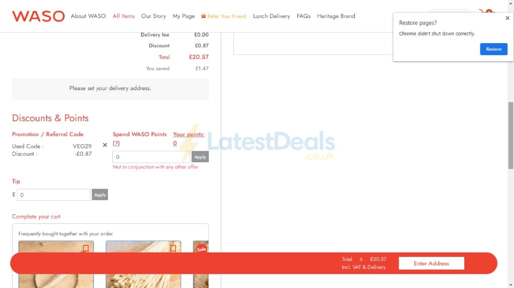 Screenshot of the WASO discount code working