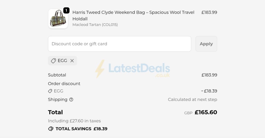 Screenshot of the Tartan Weaving Mill discount code working