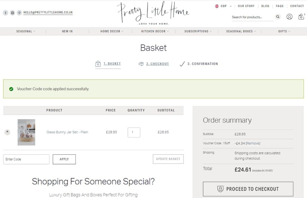 Screenshot of the Pretty Little Home discount code working