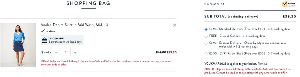 Screenshot of the Crew Clothing discount code working