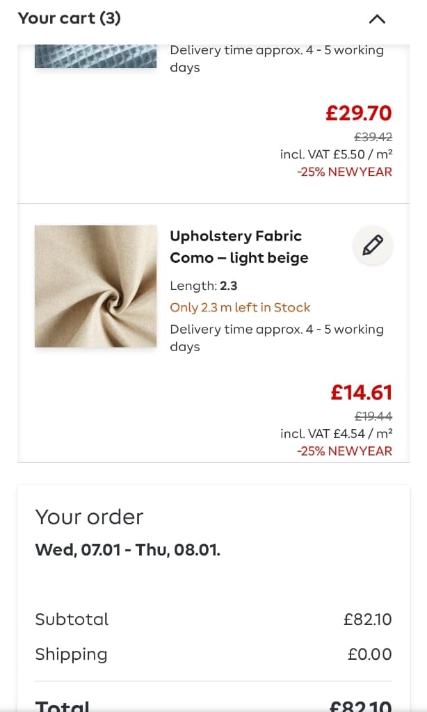 Screenshot of the My Fabrics discount code working