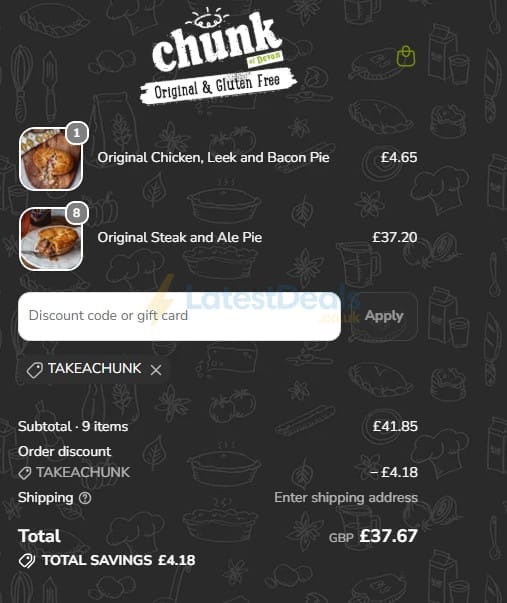Screenshot of the Chunk Pies & Pasties of Devon discount code working