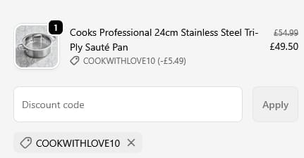 Screenshot of the Cooks Professional discount code working