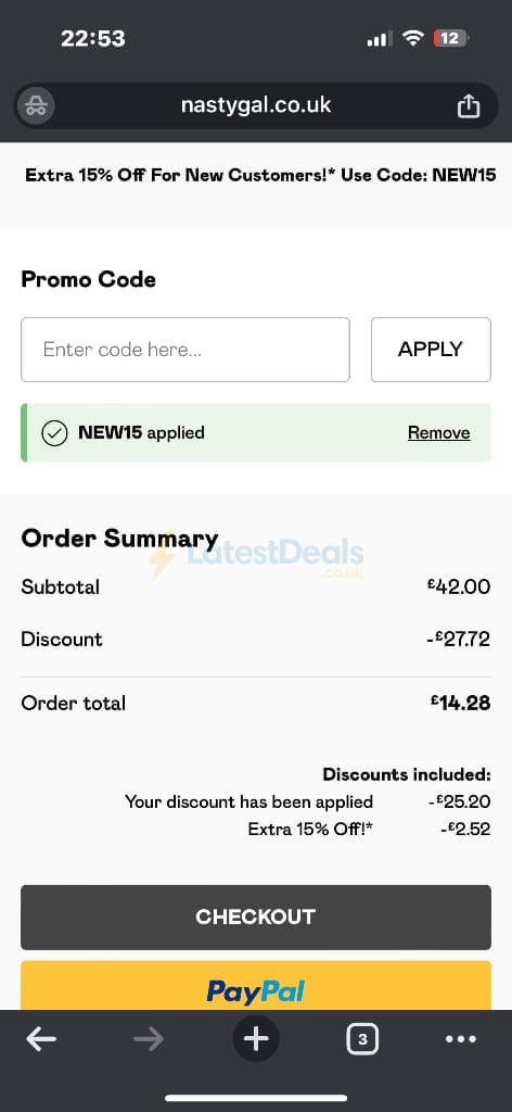 Screenshot of the Nasty Gal discount code working