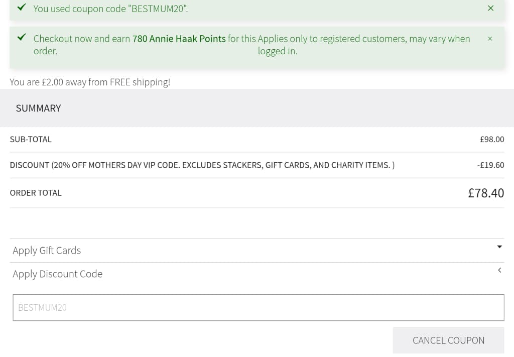 Screenshot of the Annie Haak Designs discount code working
