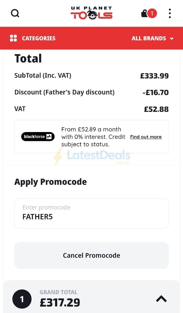 Screenshot of the UK Planet Tools discount code working