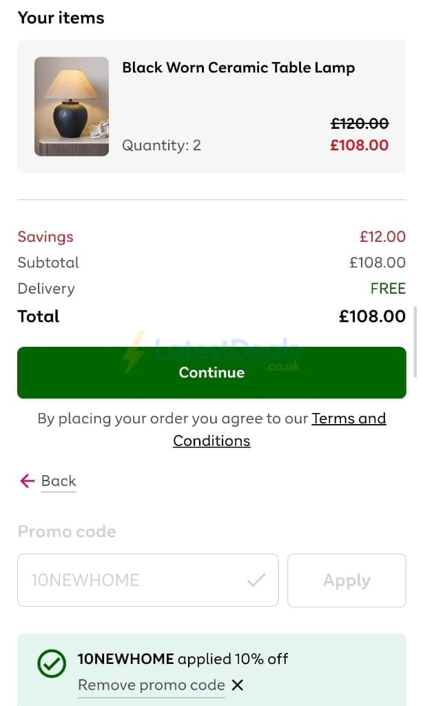 Screenshot of the Very discount code working