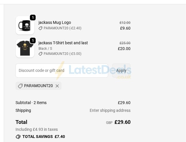 Screenshot of the Paramount Shop discount code working