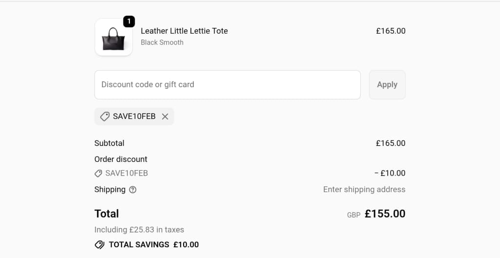 Screenshot of the LRM Goods discount code working