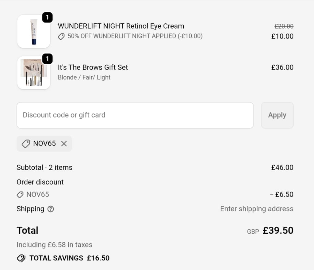 Screenshot of the Wunderbrow discount code working